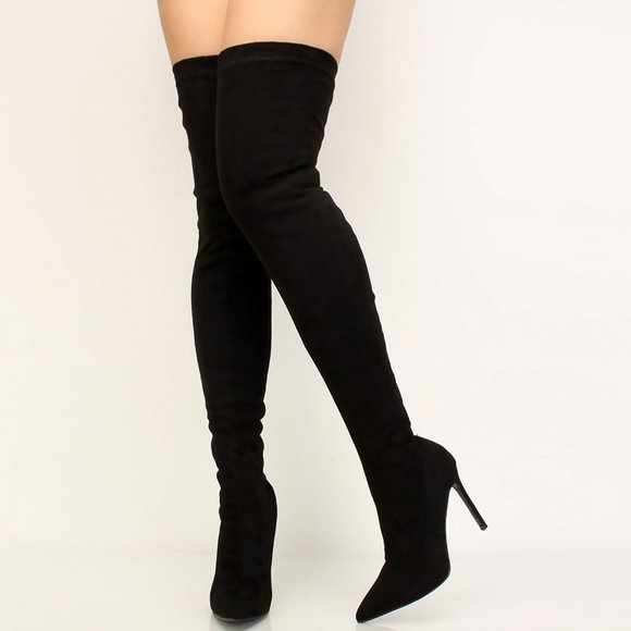 HOT🔥 Black Stretchy Over The Knee High Boots Stiletto Heel Pointed Toe Pull-On - Picture 7 of 7